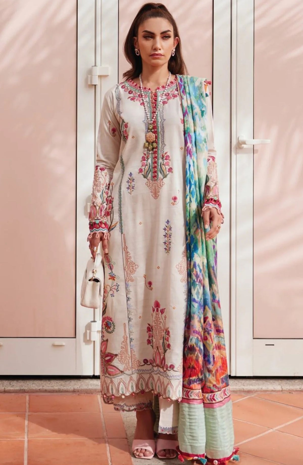 Wes by Farah Talib Embroidered Lawn Suits Unstitched 3 Piece FTA-02 Irene Ivory FTA25WL - Off White - Luxury Collection