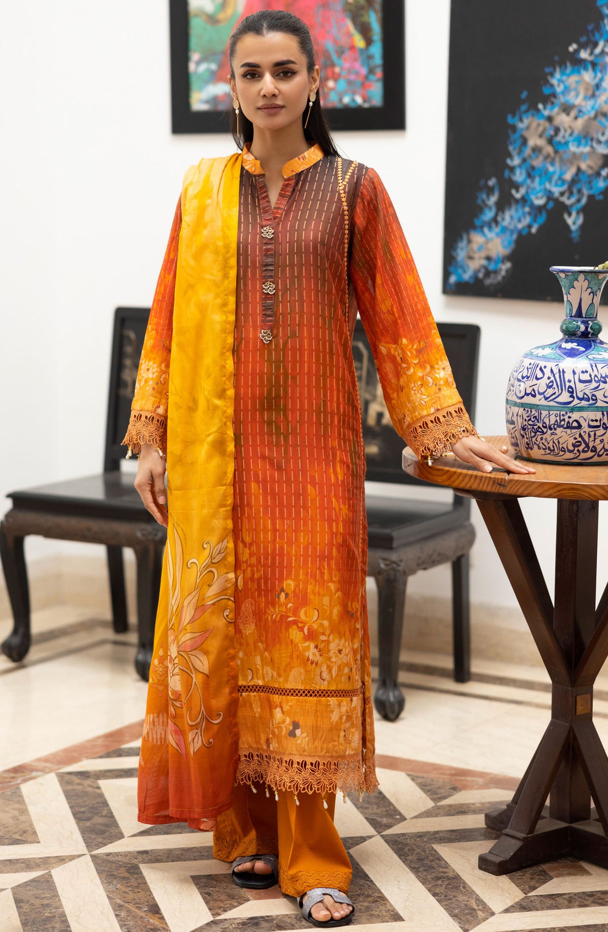 Ushna by Johra Embroidered Lawn Unstitched 3 Piece Suit - JH-220 - JH25UL - Mustard - Summer Collection