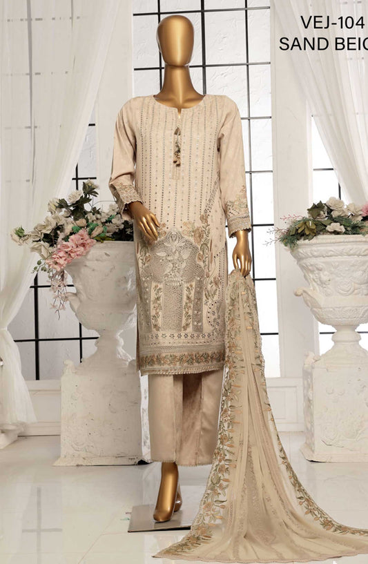 Muse by HZ Textile Embroidered Jacquard Stitched 3 Piece Suit - VEJ 104 Sand Beige - HZ25MS - Beige - Festive Collection
