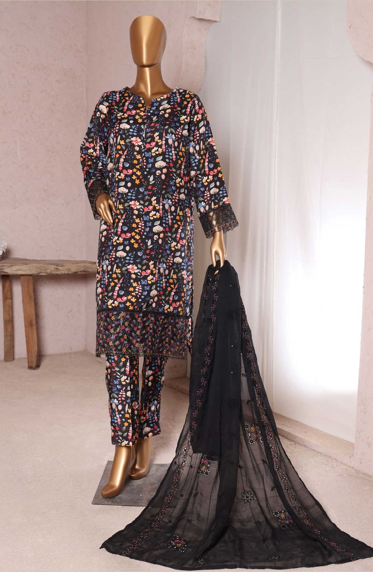 Vogue by HZ Textile Printed Raw Silk Unstitched 3 Piece - VRS 1111 - HZ25V - Black - Winter Collection