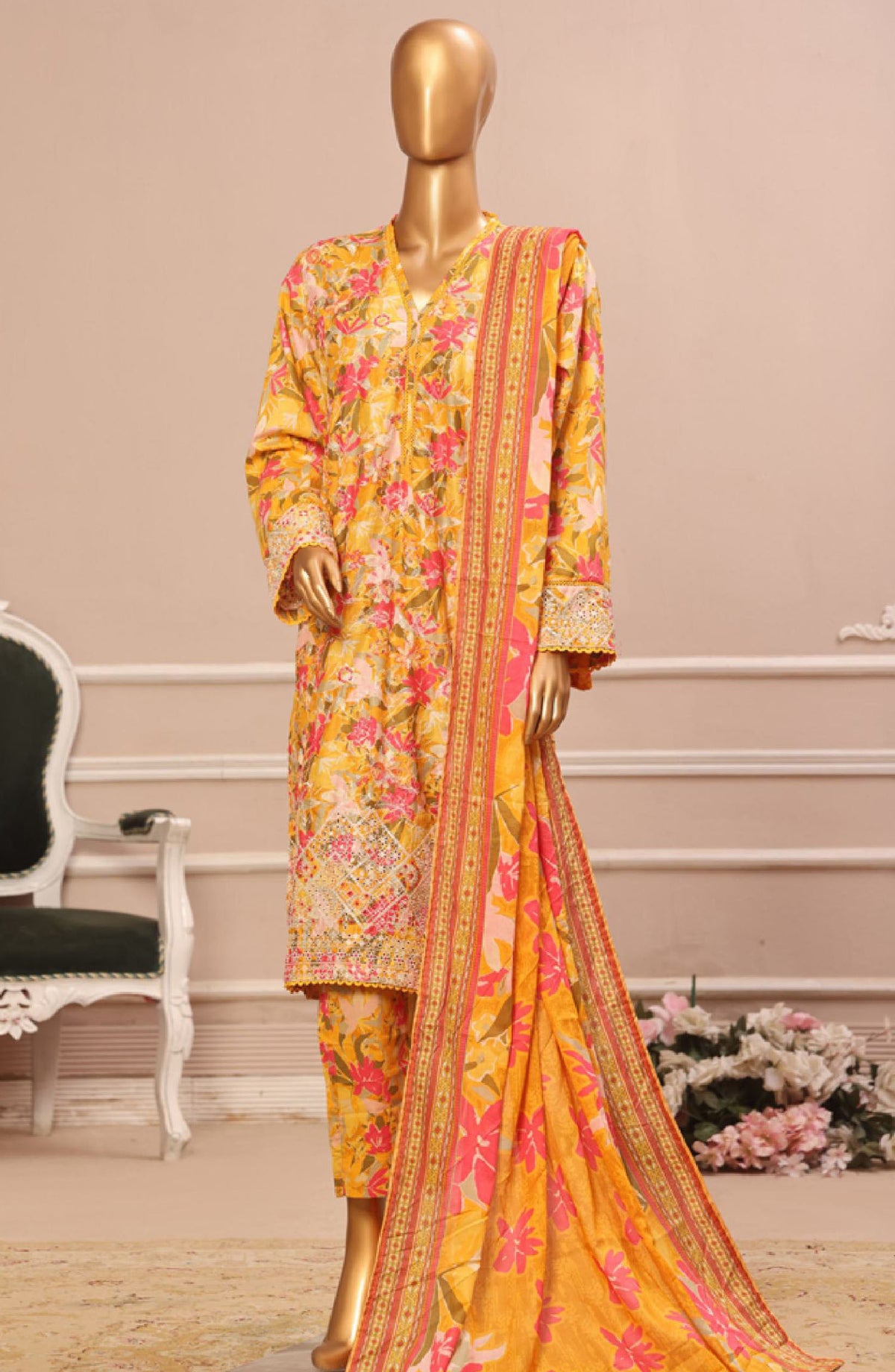 Bin Saeed Embroidered Lawn Stitched 3 Piece Suit - WC-53 - BS25ELCV4 - Yellow - Summer Collection