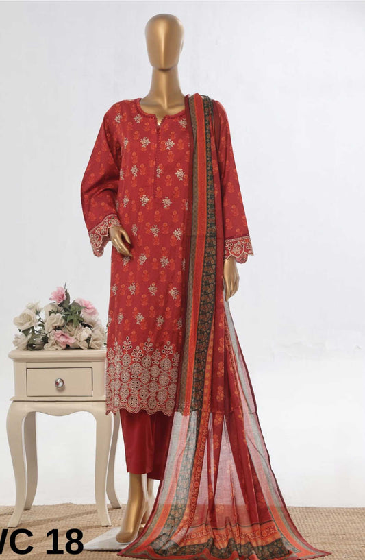 Bin Saeed Embroidered Lawn Stitched 3 Piece Suit - WC 18 - BS25EElV3 - Red - Summer Collection