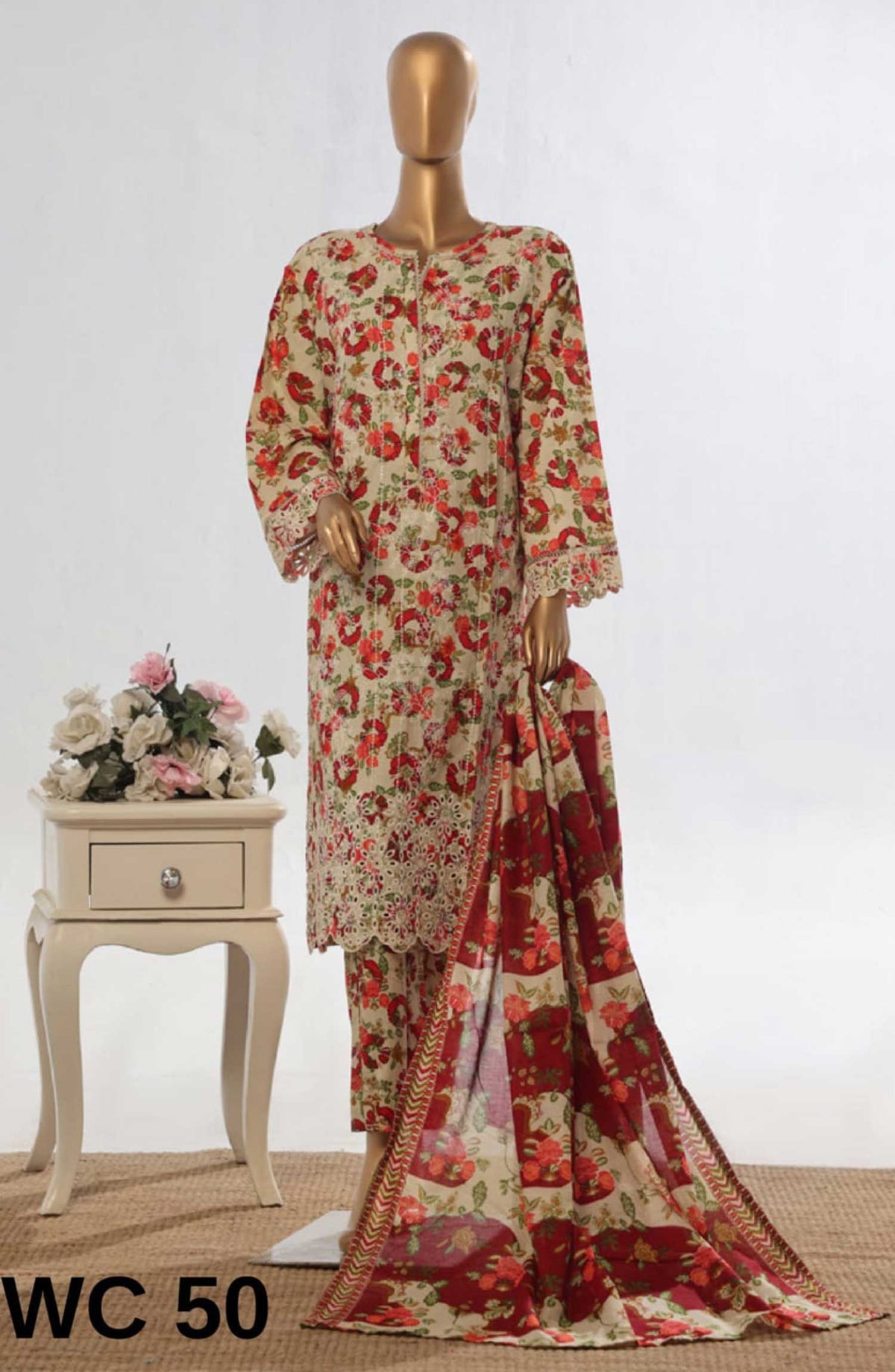 Bin Saeed Embroidered Lawn Stitched 3 Piece Suit - WC 50 - BS25EElV3 - Beige - Summer Collection