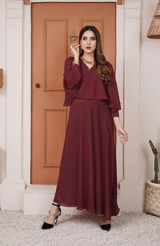 La Rosaa Solids Georgette Stitched 1 Piece Maxi - Crimson Red 1Pc - LRS25EE - Maroon - Eid Collection
