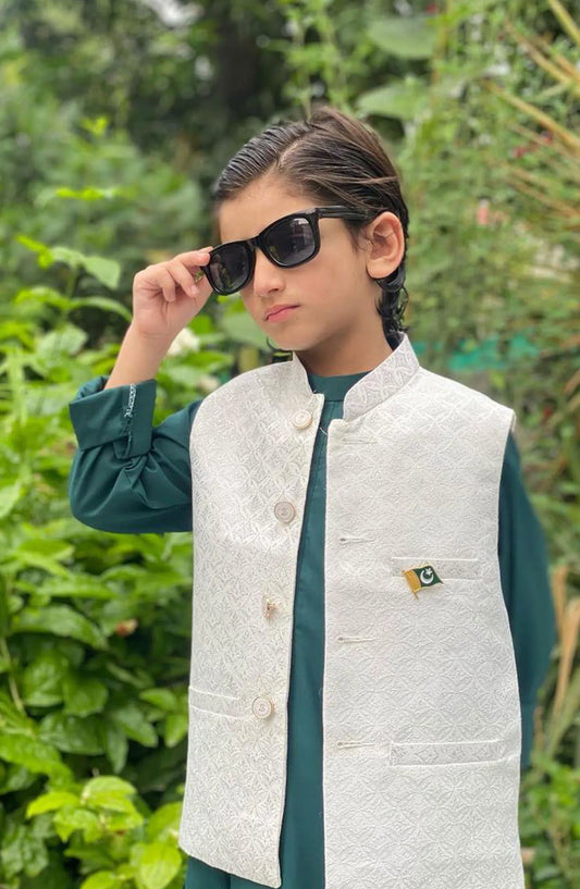 Exclusive 14th August Collection By Hassan Jee - White And Green Waistcoat Suit - WG-14