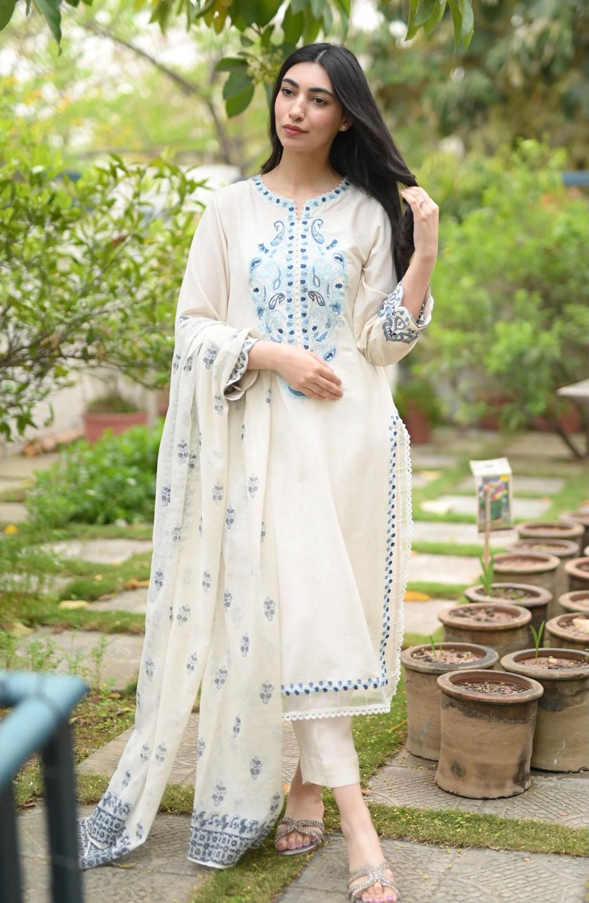 Hues Atelier Casual Cotton Net Stitched 2 Piece - White Ceramic - HA25BP - White - Casual Collection