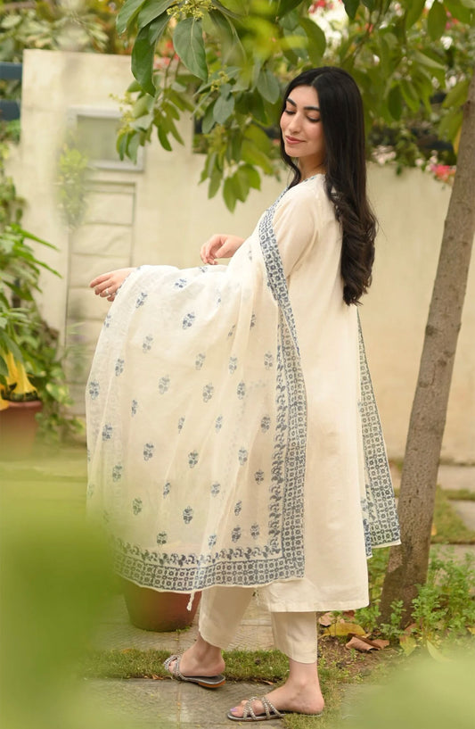 Hues Atelier Casual Cotton Net Stitched 2 Piece - White Ceramic - HA25BP - White - Casual Collection