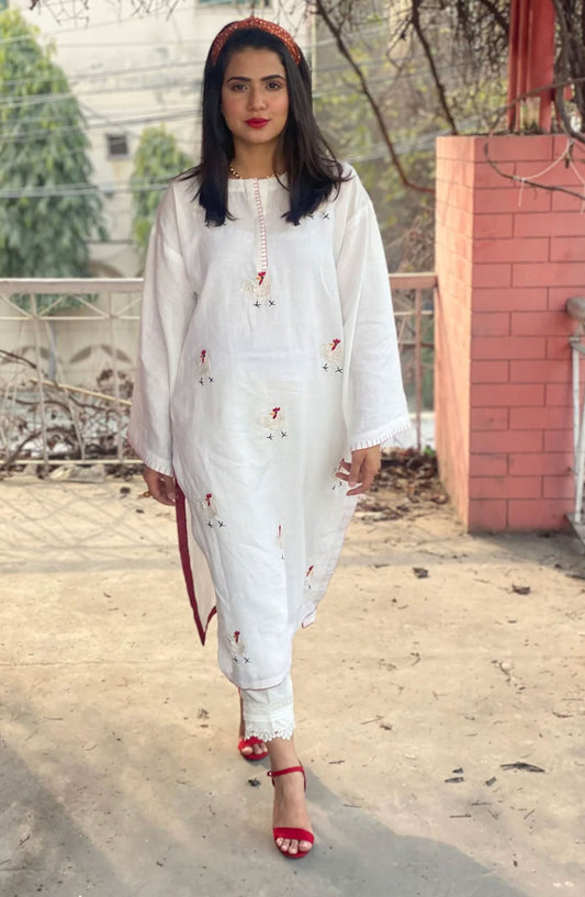 Hues Atelier Casual Textured Lawn Stitched 2 Piece - White Hens - HA25BP - White - Casual Collection