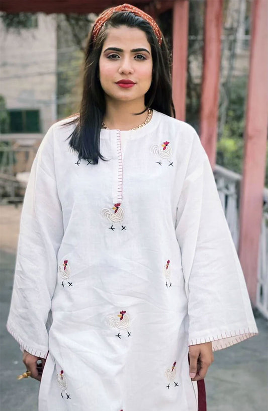 Hues Atelier Casual Textured Lawn Stitched 2 Piece - White Hens - HA25BP - White - Casual Collection