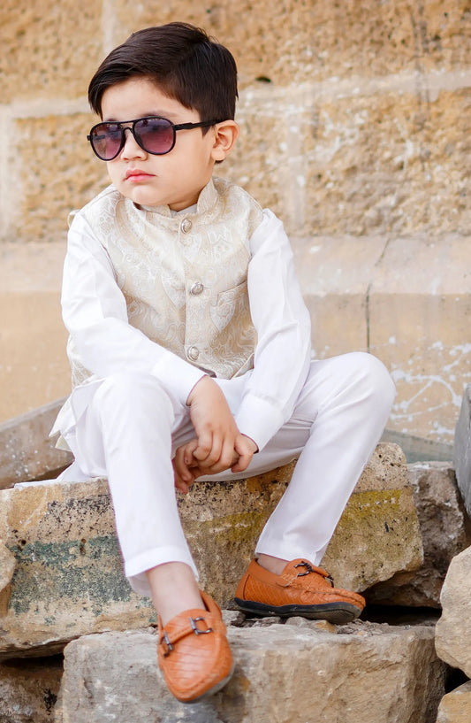 Exclusive WasitCoat with Kurta Trouser Collection By Hassan Jee - WKS 015 Off White Waistcoat Suit