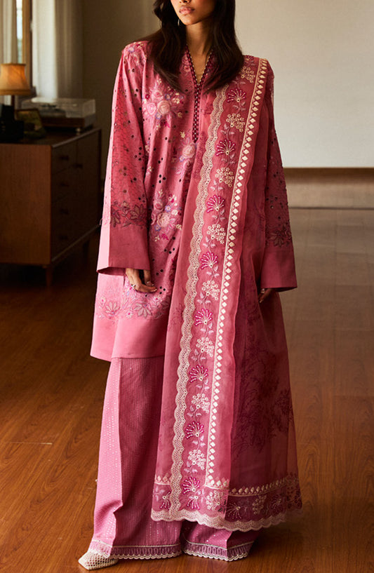 Satori by Zara Shahjahan Embroidered Lawn Unstitched 3 Piece Suit - D-10-B Kairo - ZS25SSL - Pink - Summer Collection