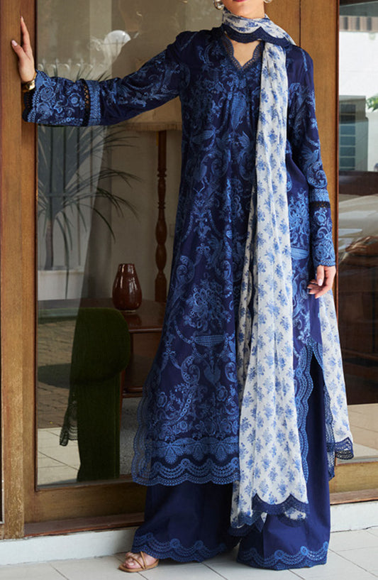 Satori by Zara Shahjahan Embroidered Lawn Unstitched 3 Piece Suit - D-09-B Sei - ZS25SSL - Blue - Summer Collection