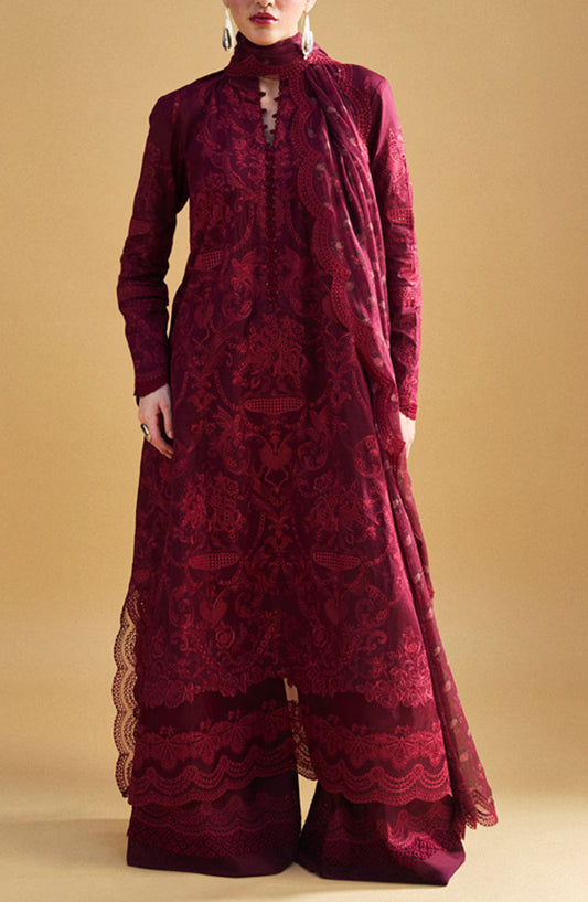 Satori by Zara Shahjahan Embroidered Lawn Unstitched 3 Piece Suit - D-09-A Sei - ZS25SSL - Red - Summer Collection