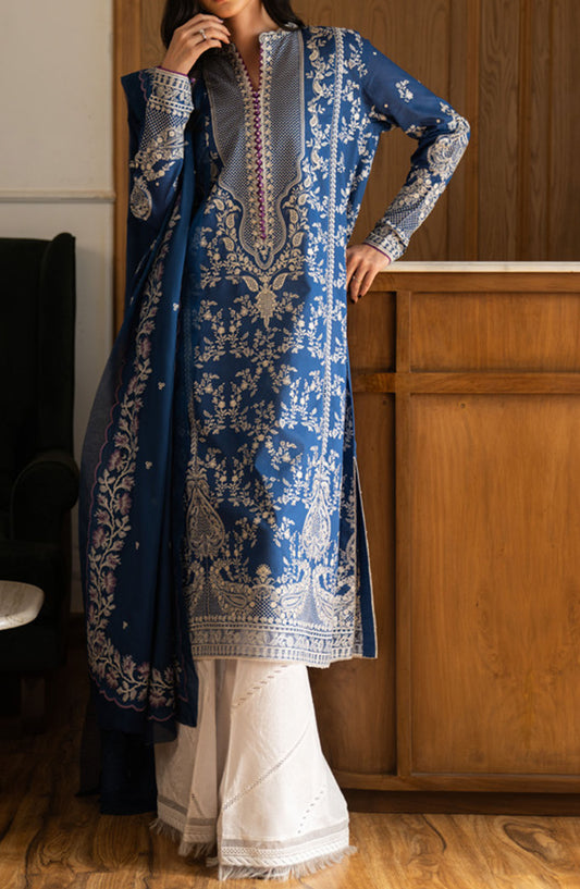 Satori by Zara Shahjahan Embroidered Lawn Unstitched 3 Piece Suit - D-08-B Mei - ZS25SSL - Blue - Summer Collection