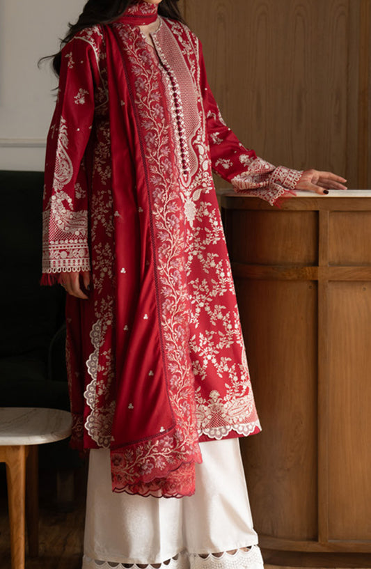 Satori by Zara Shahjahan Embroidered Lawn Unstitched 3 Piece Suit - D-08-A Mei - ZS25SSL - Red - Summer Collection