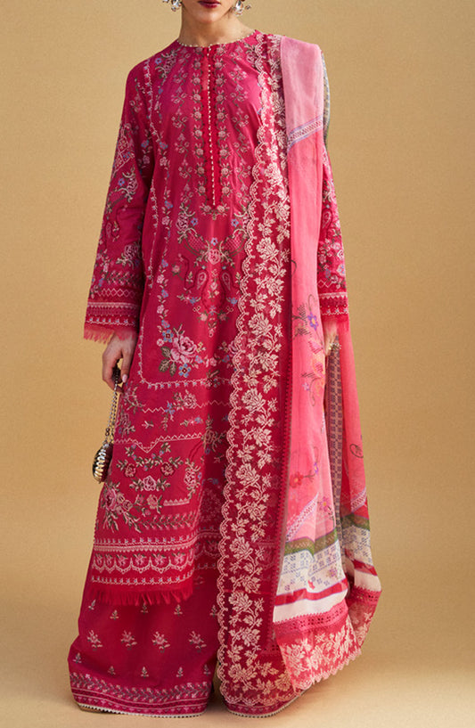 Satori by Zara Shahjahan Embroidered Lawn Unstitched 3 Piece Suit - D-07-A Hikari - ZS25SSL - Red - Summer Collection