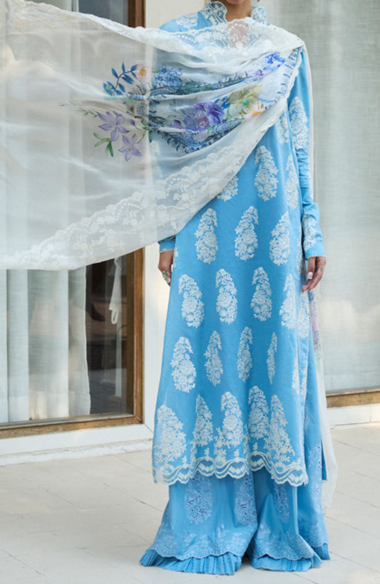 Satori by Zara Shahjahan Embroidered Lawn Unstitched 3 Piece Suit - D-06-B Rai - ZS25SSL - Blue - Summer Collection