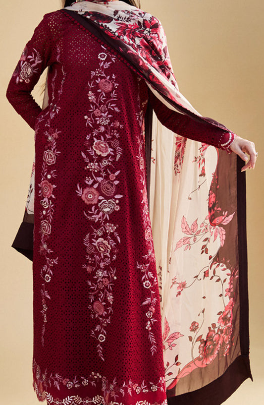 Satori by Zara Shahjahan Embroidered Lawn Unstitched 3 Piece Suit - D-05-B Asa - ZS25SSL - Red - Summer Collection