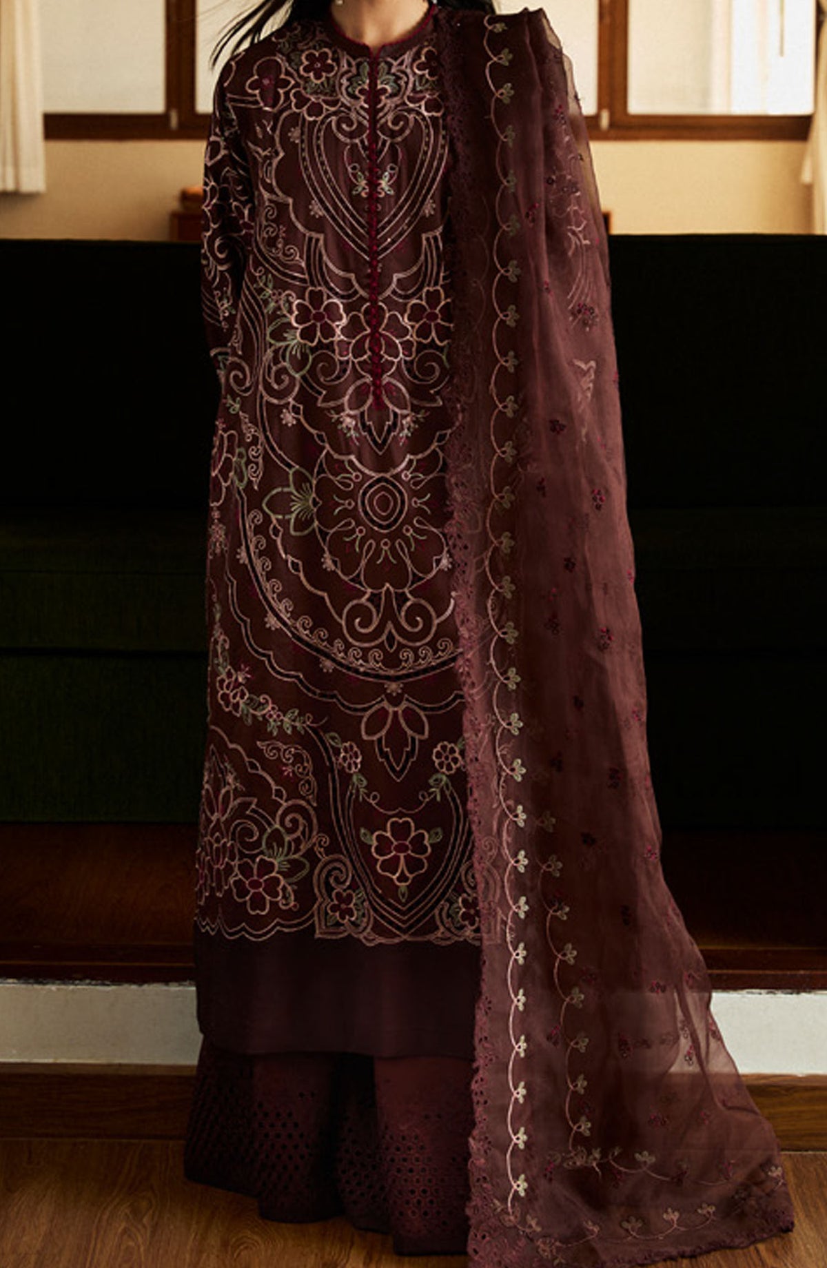 Satori by Zara Shahjahan Embroidered Lawn Unstitched 3 Piece Suit - D-04-B Shizumi - ZS25SSL - Brown - Summer Collection