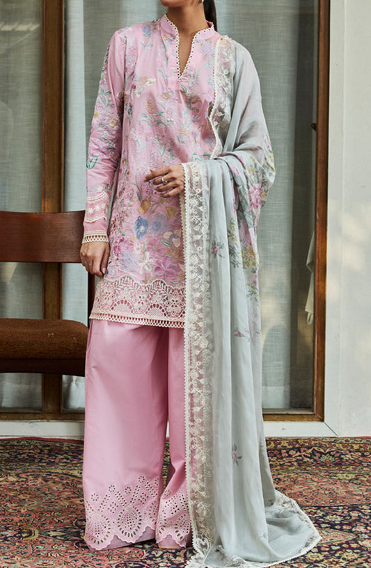 Satori by Zara Shahjahan Embroidered Lawn Unstitched 3 Piece Suit - D-02-A Nozami - ZS25SSL - Pink - Summer Collection
