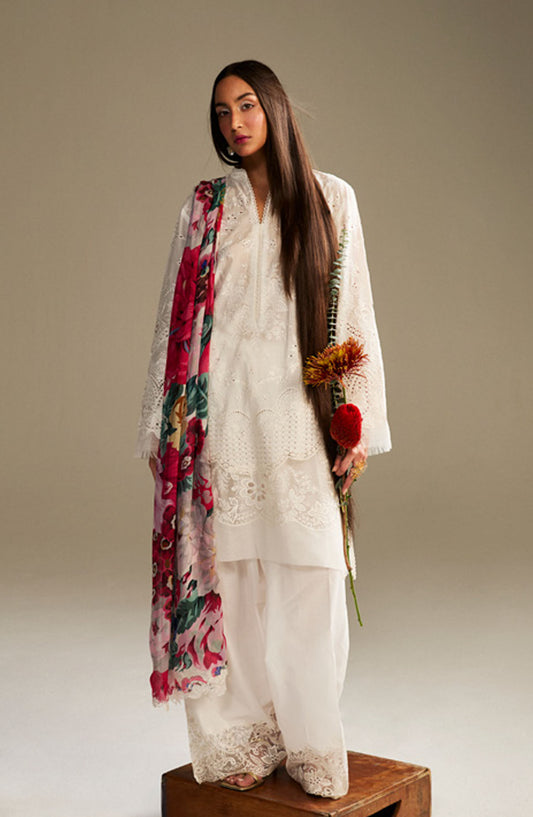 Satori by Zara Shahjahan Embroidered Lawn Unstitched 3 Piece Suit - D-01-A Kaori - ZS25SSL - White - Summer Collection