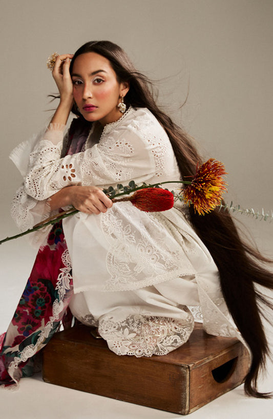 Satori by Zara Shahjahan Embroidered Lawn Unstitched 3 Piece Suit - D-01-A Kaori - ZS25SSL - White - Summer Collection