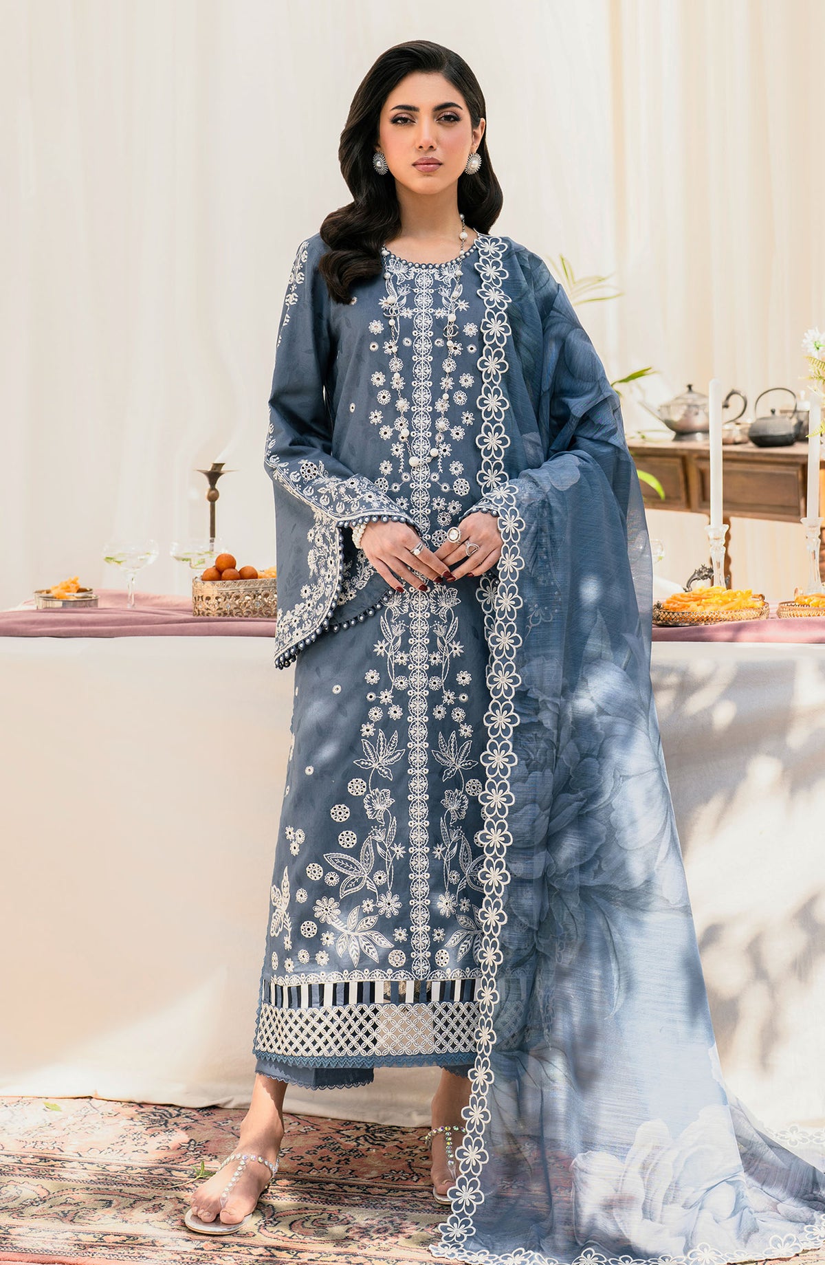 Lamhay by Zarif Embroidered Lawn Unstitched 3 Piece Suit - UNST-LMLW-06 Safah - ZF25LLEL - Blue - Summer Collection