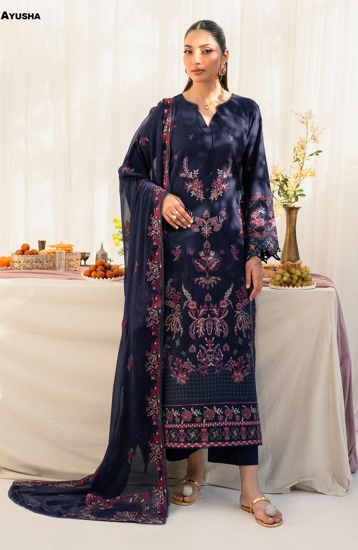 Lamhay by Zarif Embroidered Lawn Unstitched 3 Piece Suit - UNST-LMLW-02 Ayusha - ZF25LLEL - Blue - Summer Collection
