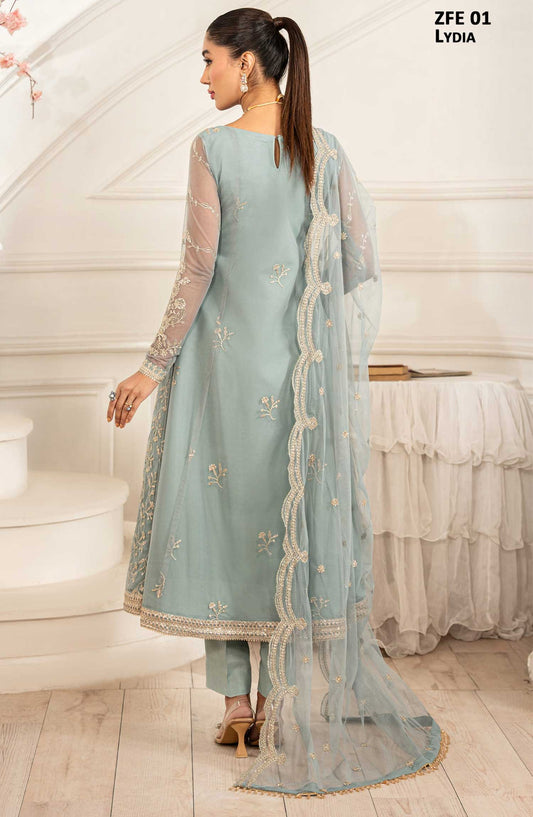 Zarif Luxury Embroidered Net Unstitched 3 Piece Suit - - ZF25FE - ZFE-01-LYDIA - Light Blue - Festive Collection