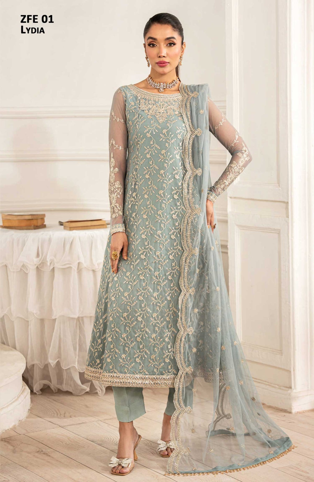 Zarif Luxury Embroidered Net Unstitched 3 Piece Suit - - ZF25FE - ZFE-01-LYDIA - Light Blue - Festive Collection