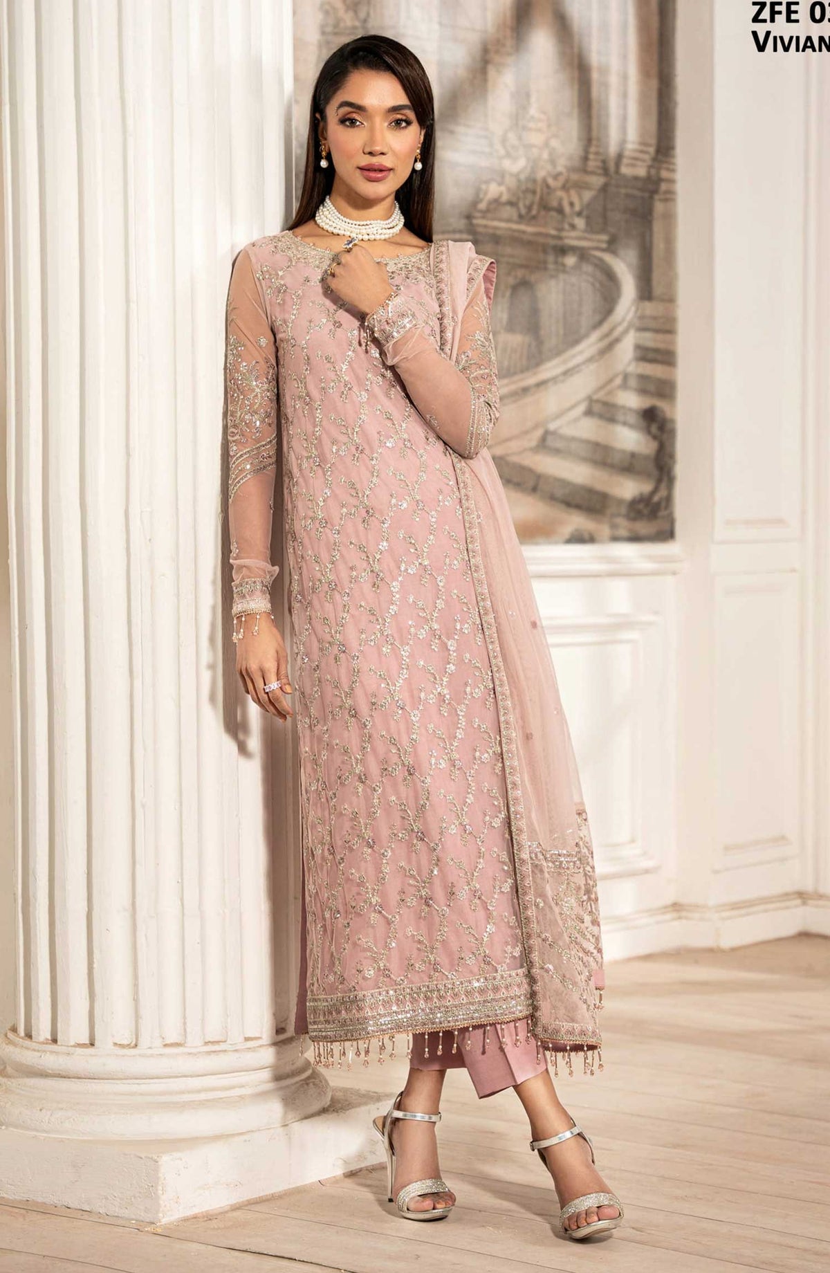 Zarif Luxury Embroidered Net Unstitched 3 Piece Suit - - ZF25FE - ZFE-03-VIVIAN - Light Pink - Festive Collection