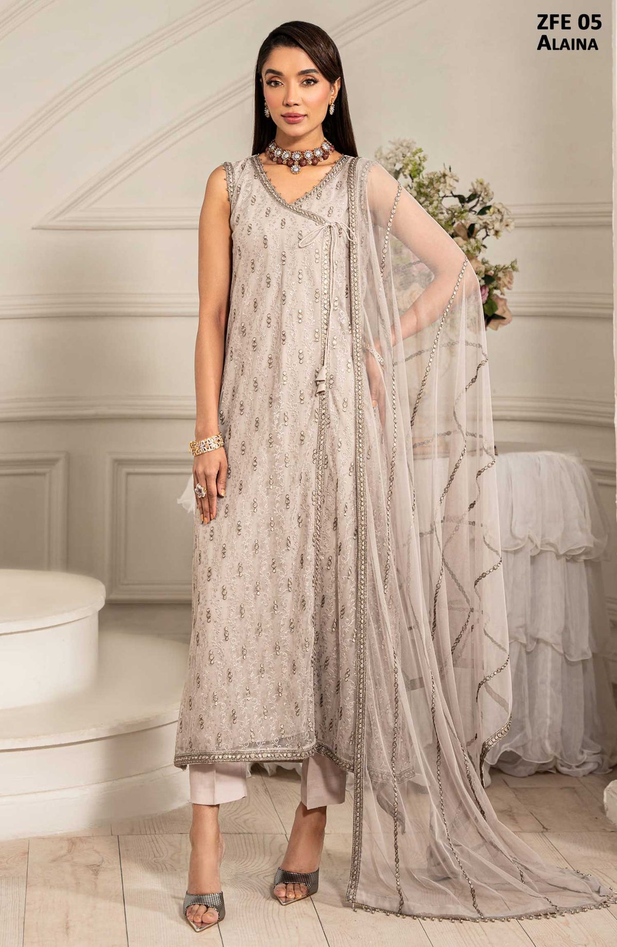 Zarif Luxury Embroidered Net Unstitched 3 Piece Suit - - ZF25FE - ZFE-05-ALAINA - White - Festive Collection