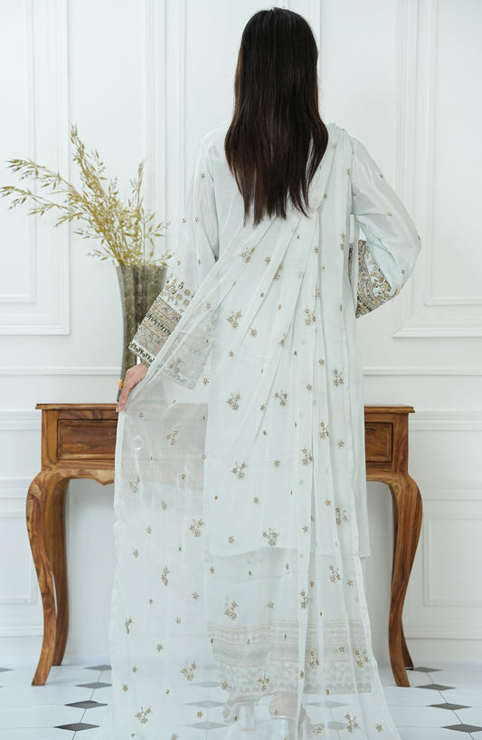 Zareen by Amna Khadija Embroidered Raw Silk Stitched 3 Piece Suit - ZLF-01 - AM25ZLF - White - Festive Collection