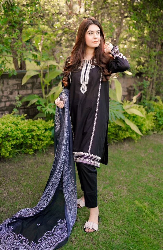 La Rosaa Embroidered Cotton Stitched 3 Piece - Zora - Black - Casual Collection