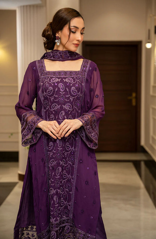 Zouj Embroidered Chiffon Unstitched 4 Piece Suit - Violet Viel - ZJ25EUCE - Purple - Festive Collection