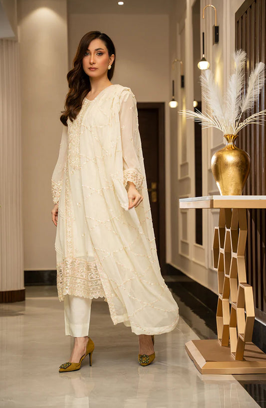 Zouj Embroidered Chiffon Unstitched 4 Piece Suit - Ivory Elegance - ZJ25EUCE - Off White - Festive Collection