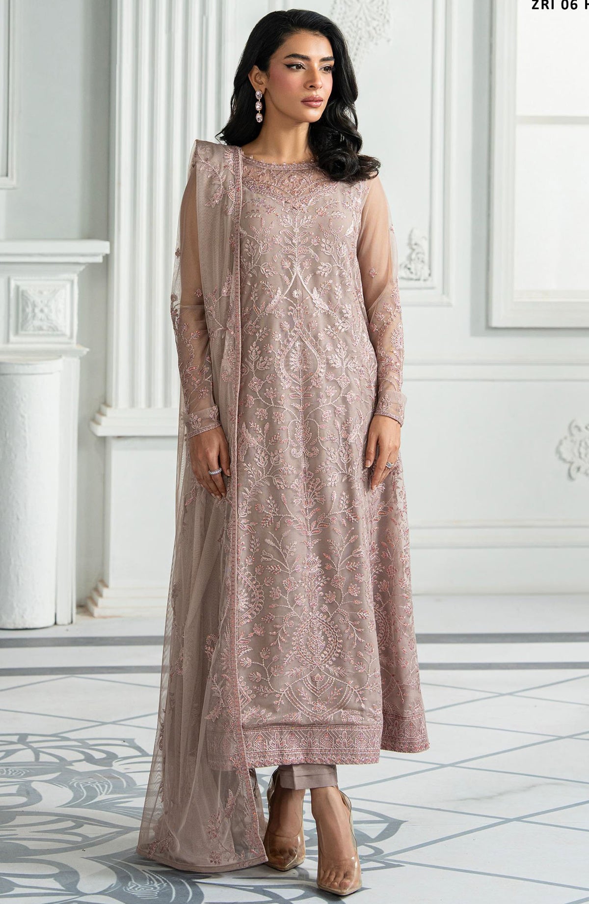Inara by Zarif Embroidered Net Unstitched 3 Piece Suit - ZRI-06 Hayda - ZF25IUF - Pink - Formal Collection
