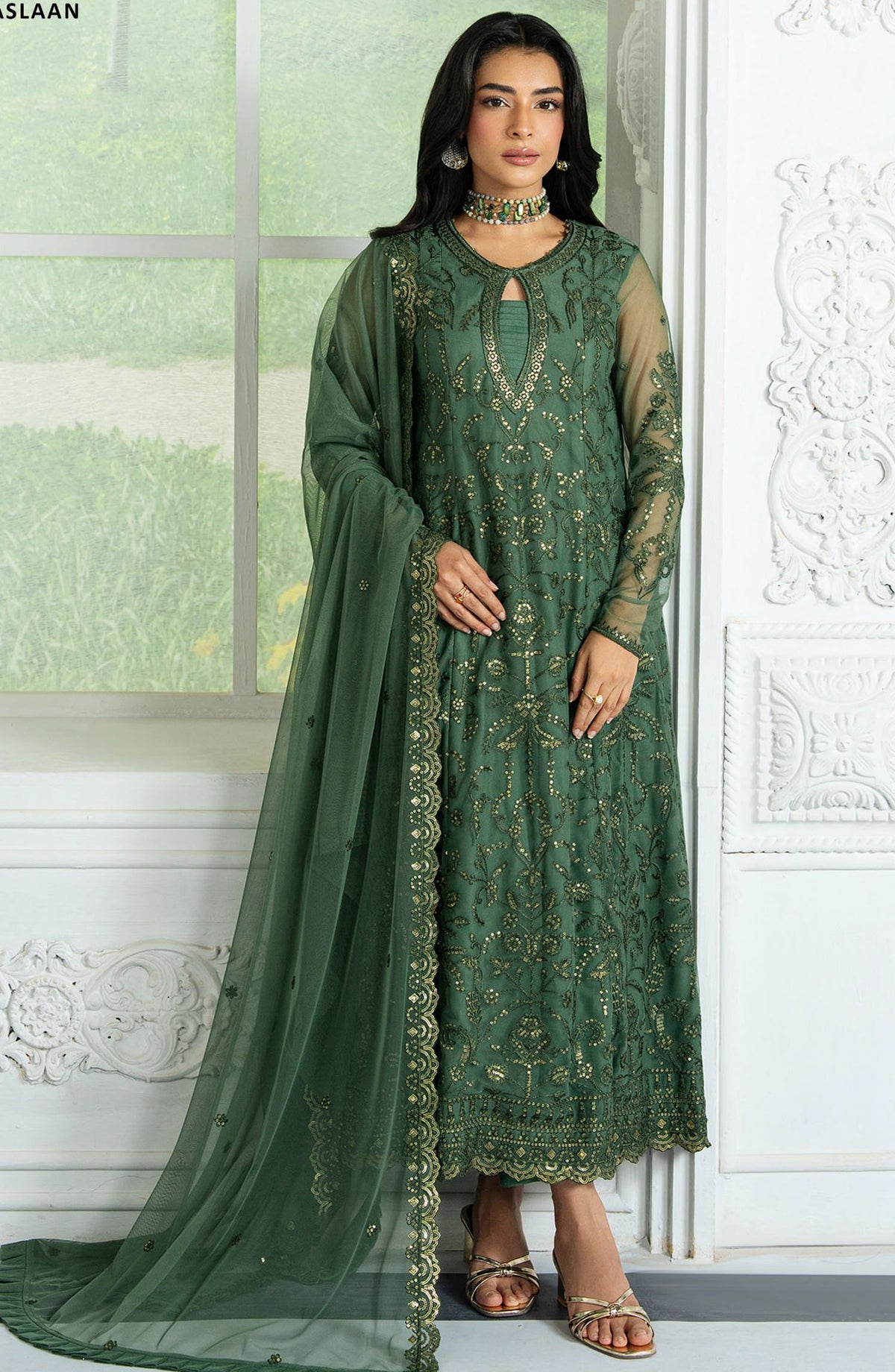 Inara by Zarif Embroidered Net Unstitched 3 Piece Suit - ZRI-07 Aslaan - ZF25IUF - Green - Formal Collection