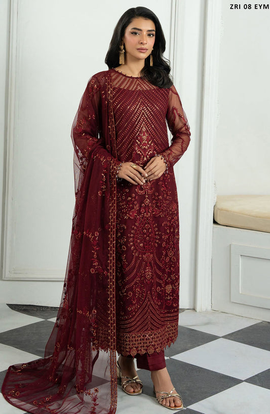 Inara by Zarif Embroidered Net Unstitched 3 Piece Suit - ZRI-08 Eymen - ZF25IUF - Red - Formal Collection