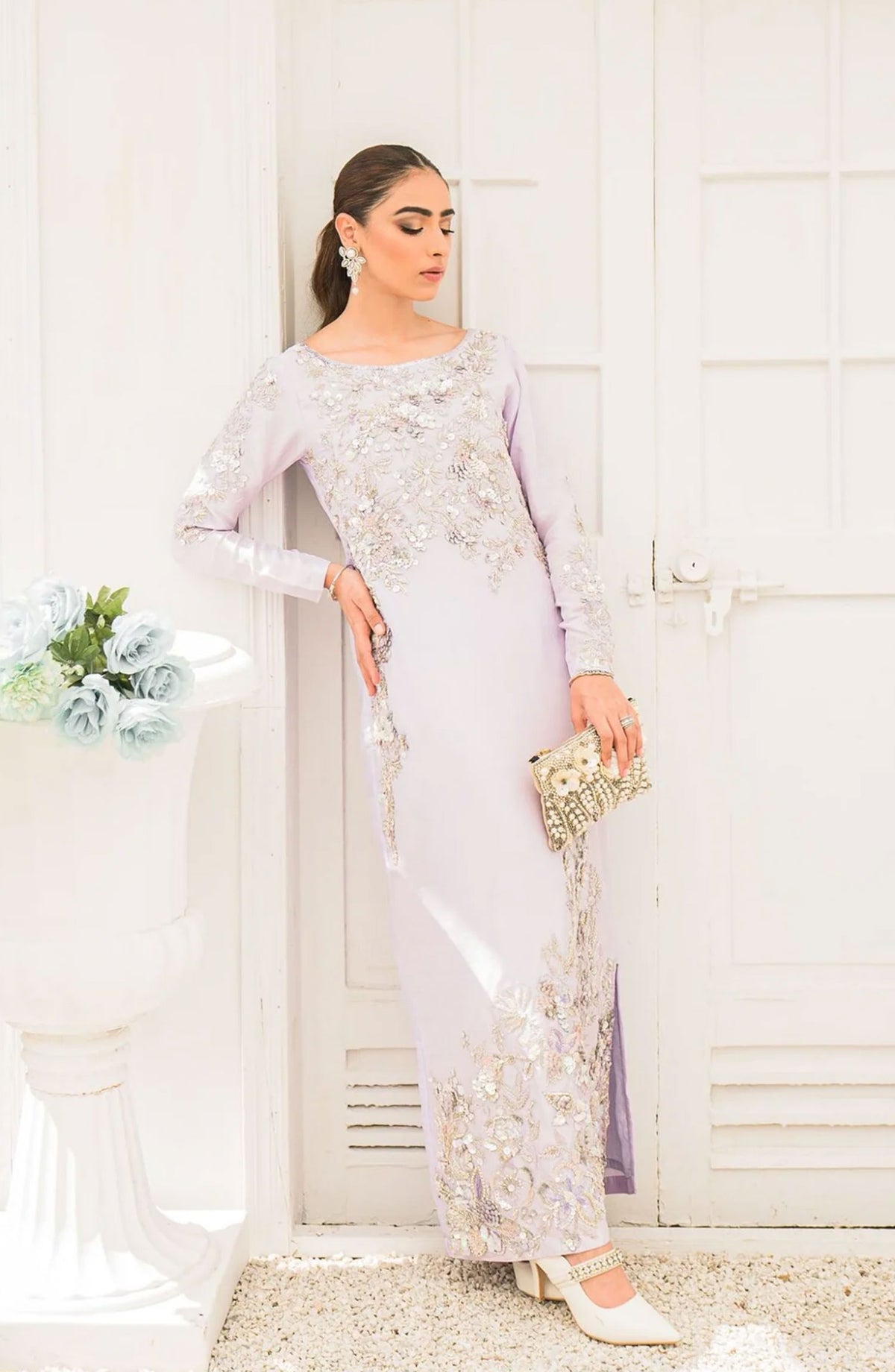 Hues Atelier Embroidered Raw Silk 3 Piece - Zuria - HA25LF - White - Festive Collection