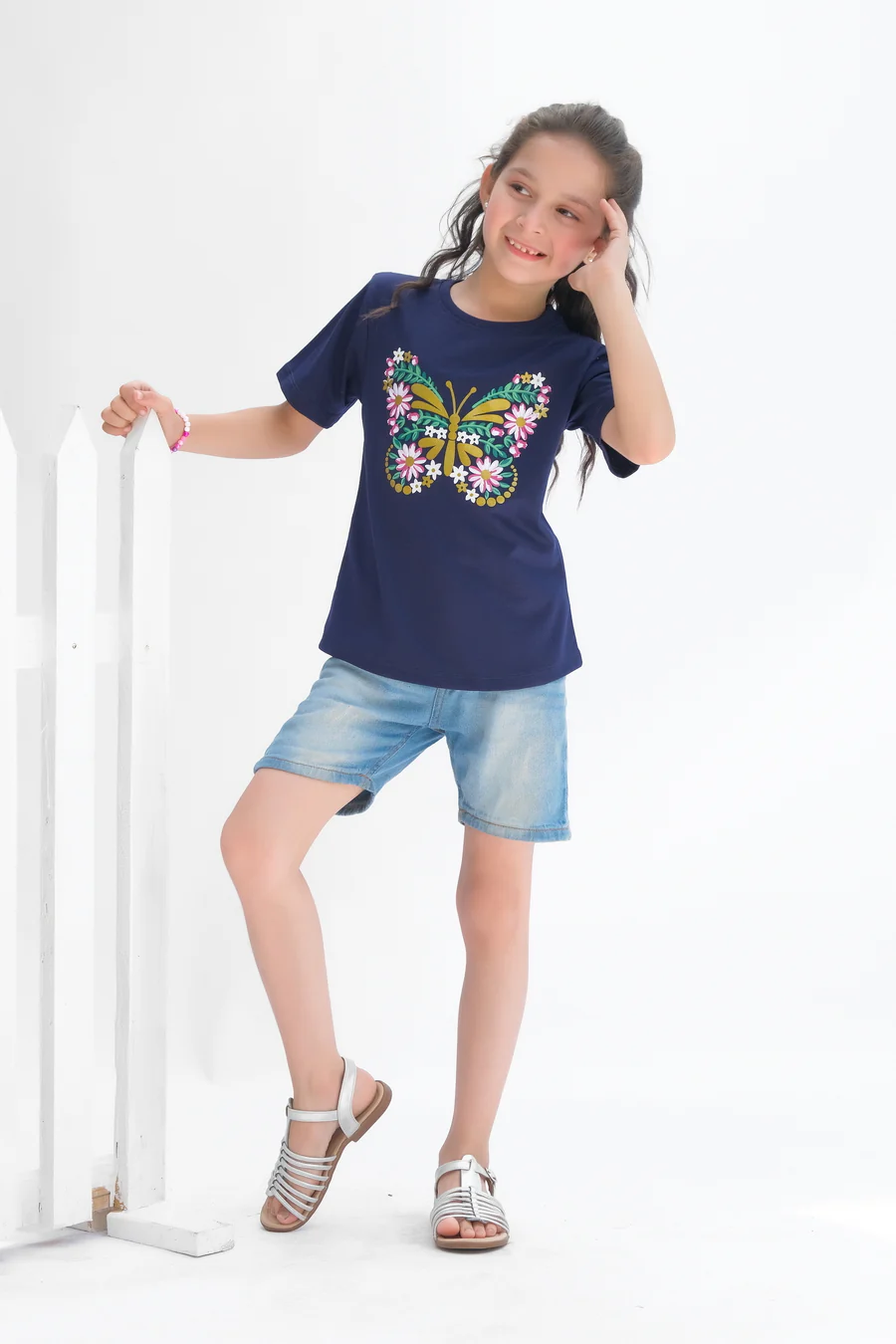 Flowers Pattern Butterfly Half Sleeves T-Shirts For Kids - Navy Blue
