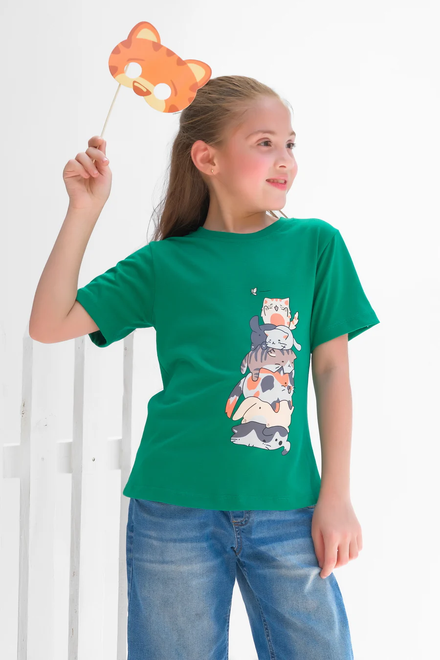 Cat Stack - Half Sleeves T-Shirts For Kids - Green - SBT-342