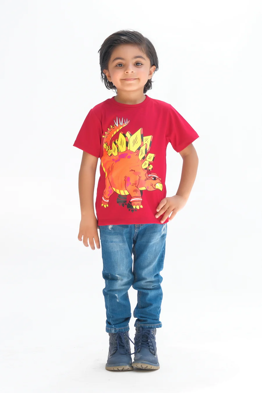 Stylish Dino - Half Sleeves T-Shirts For Kids - Maroon