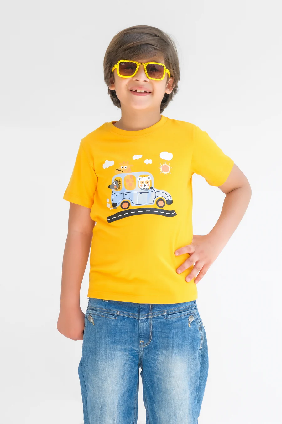 Animal Car - Half Sleeves T-Shirts For Kids - Yellow - SBT-344