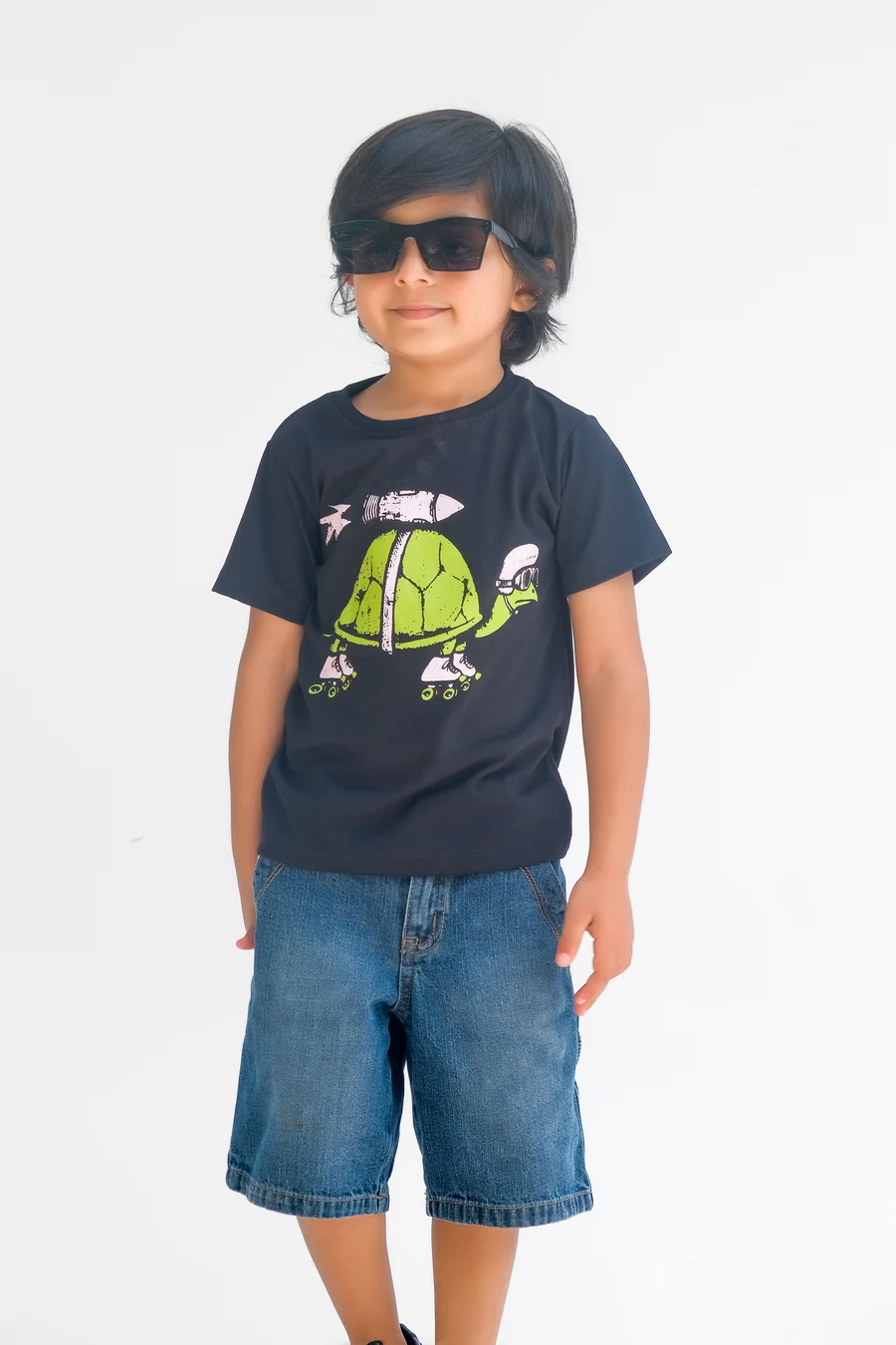 Turtle Rocket - Half Sleeves T-Shirts For Kids - Black - SBT-347