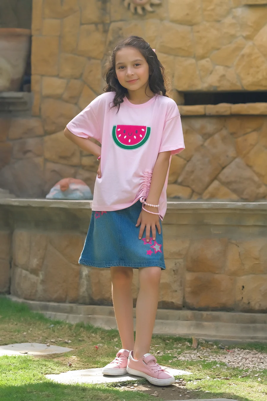 Watermelon With Embroidery - Half Sleeves T-Shirts For Kids - Pink - SBT-358