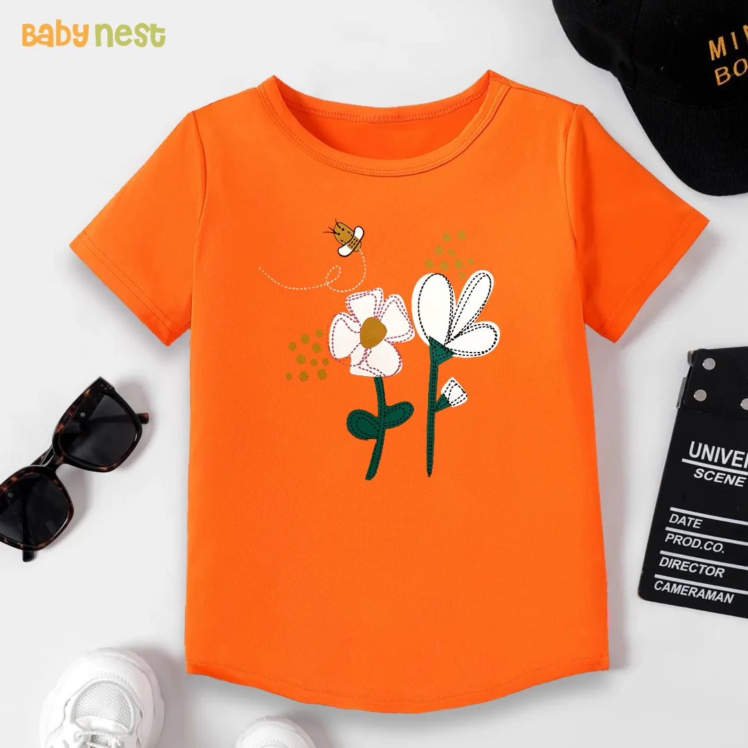 White Flower - Half Sleeves T-Shirts For Kids - Orange - SBT-338