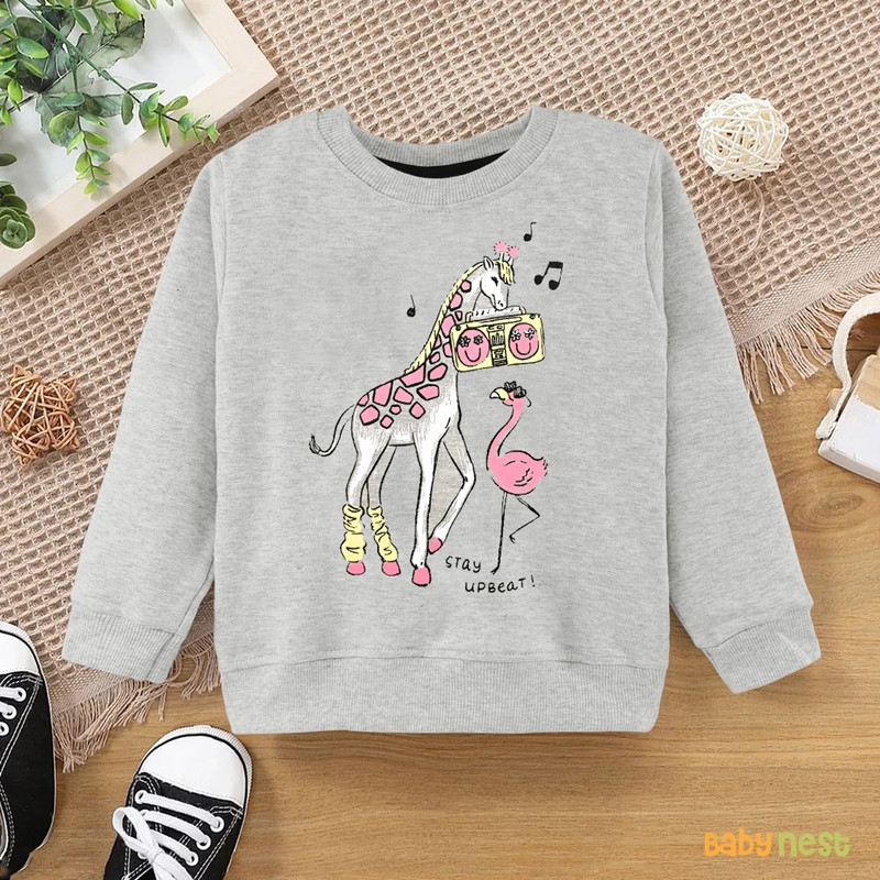 Printed Stay Upbeat Giraffe Full Sleeves Sweatshirt for Kids – Grey