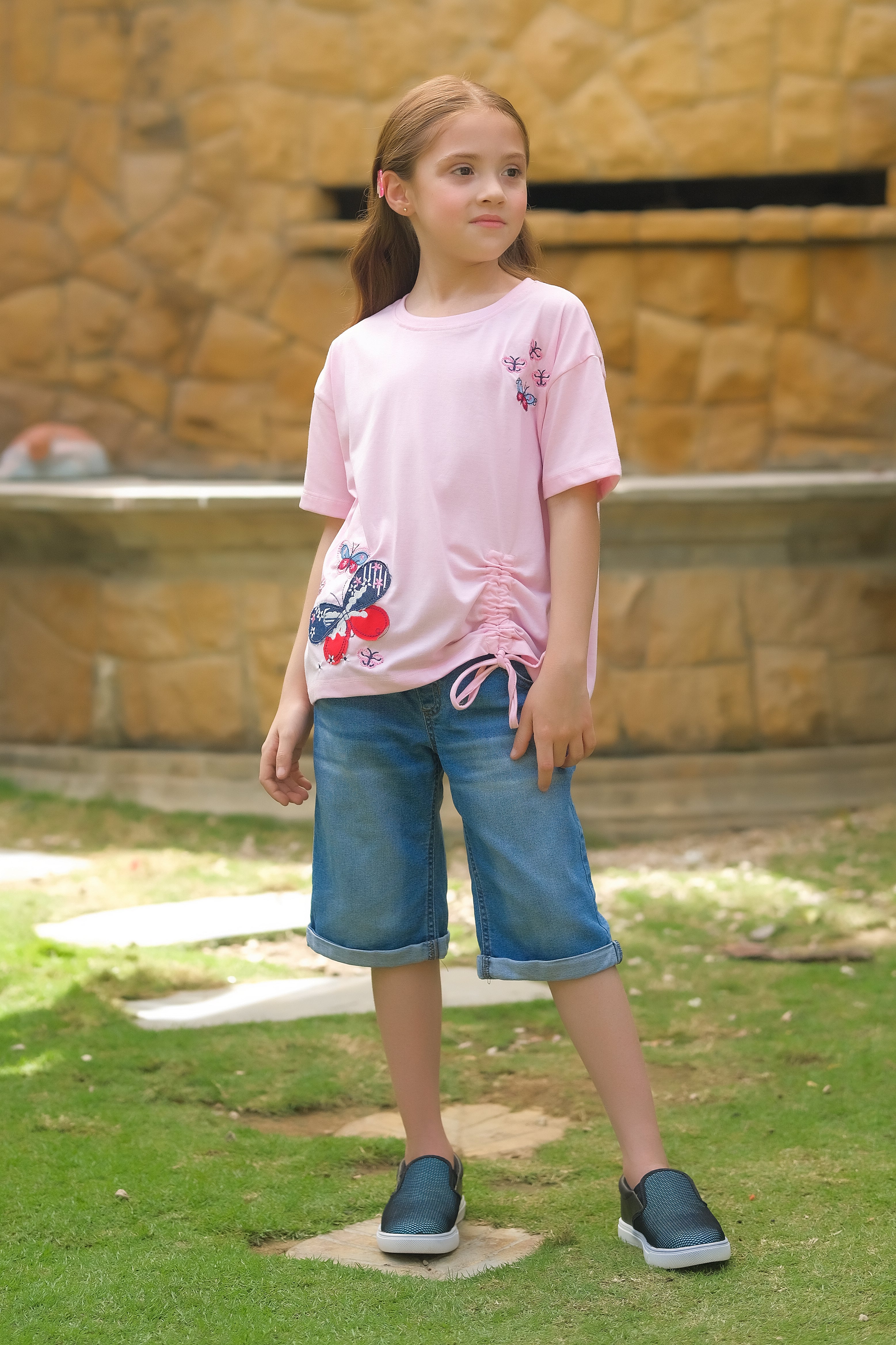 Butterfly With Embroidery - Half Sleeves T-Shirts For Kids - Pink - SBT-362