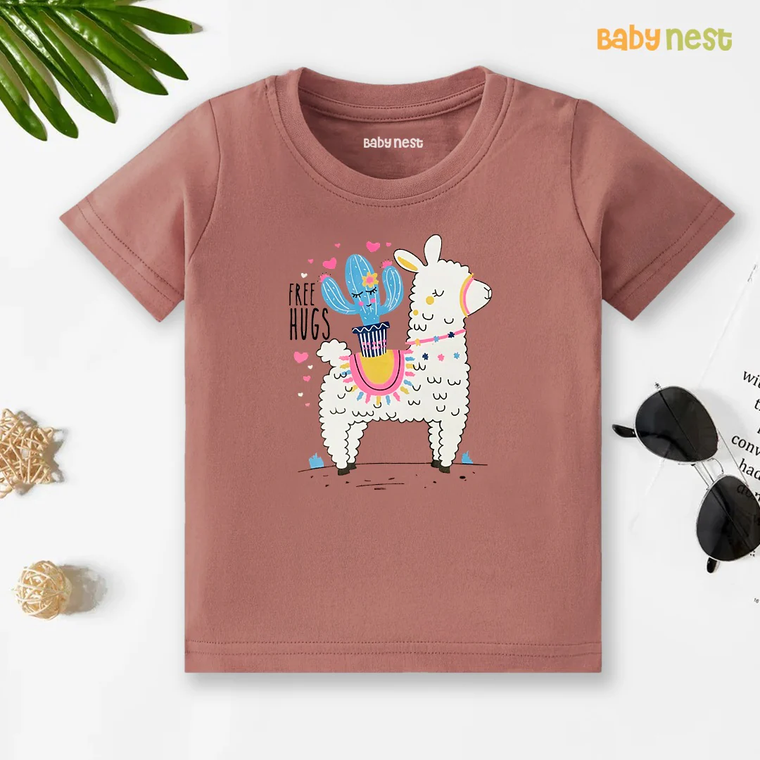 Free Hugs - Half Sleeves T-Shirts For Kids - Peach - SBT-356